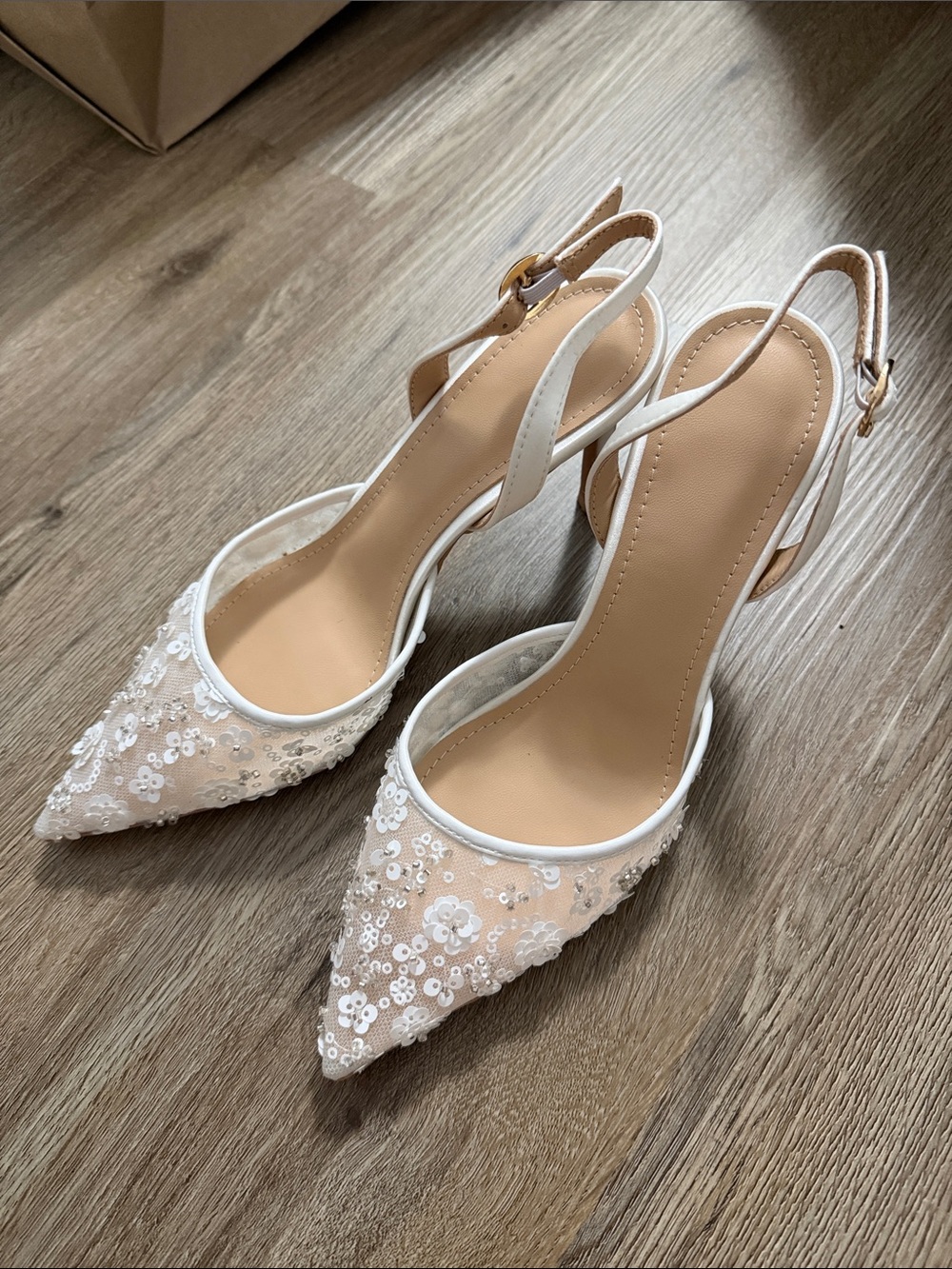 White Sequin Slingback Pointed-Toe Heels